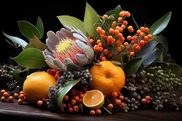 Um arranjo de natureza morta com frutas e flores laranjas fotografia de imagem laranja