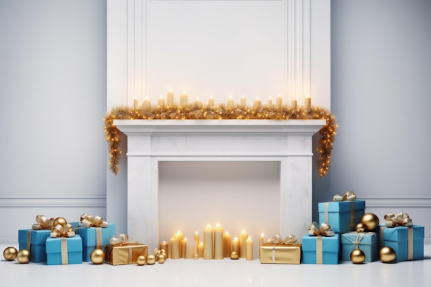 Um arranjo especial de Natal velas de lareira simbólicas bolas de ouro presentes