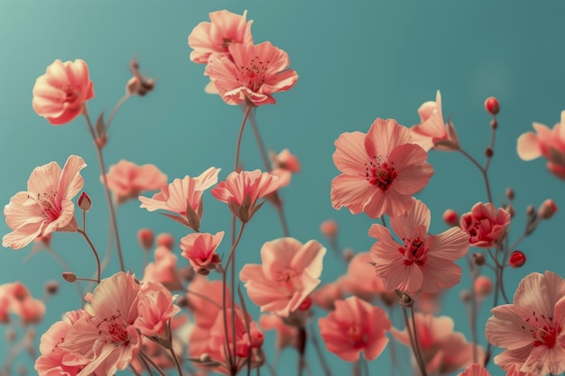 Um arranjo floral de sonho de flores cor-de-rosa em plena floração contra um fundo suave evocando uma sensação de beleza delicada e tranquilidade romântica