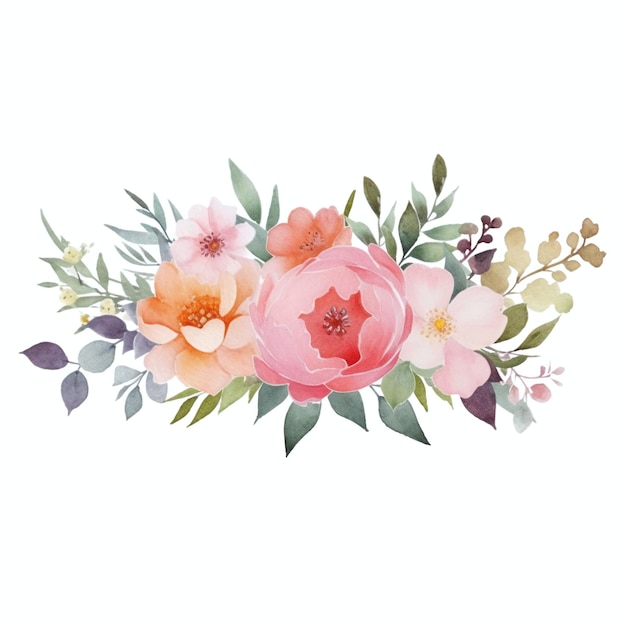 Um arranjo floral em aquarela com uma flor rosa.