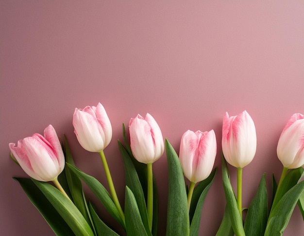 Um arranjo impressionante de tulipas cor-de-rosa contra um fundo rosa suave simbolizando