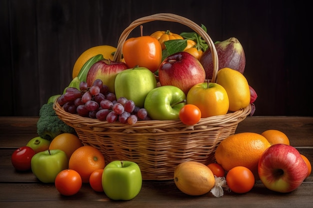 Um arranjo simples de frutas e vegetais em uma cesta pronta para comer criada com IA generativa