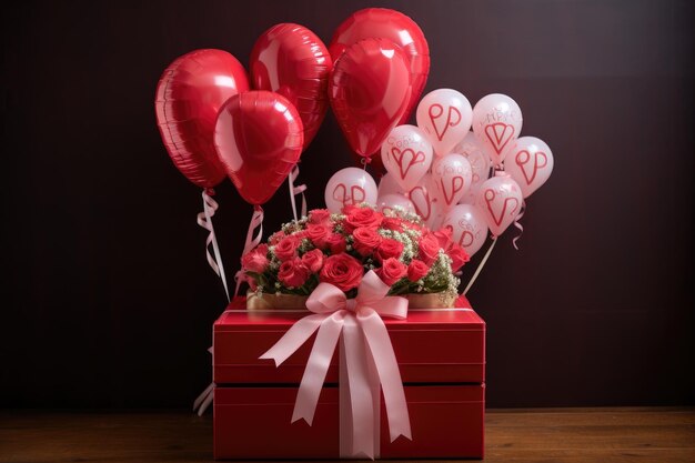 Um arranjo vibrante de balões e flores cuidadosamente organizados em uma caixa Caixa de presente do Dia dos Namorados com um buquê de balões anexado Gerado por IA