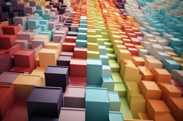 Um arranjo vibrante de caixas coloridas colocadas próximas umas das outras, carrinhos cheios de presentes embrulhados de cores, gerados por IA.