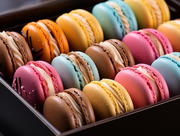 Um arranjo vibrante de macarons coloridos em uma caixa de apresentação