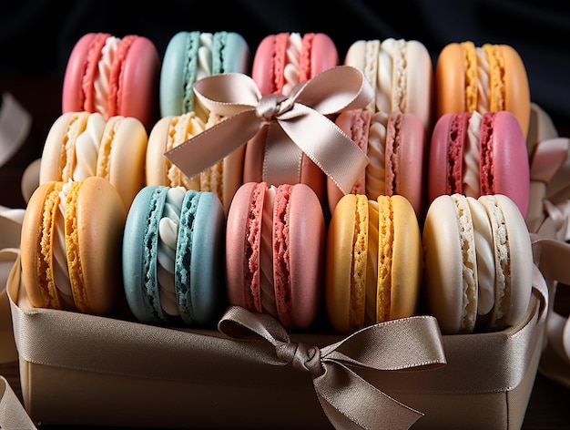 Um arranjo vibrante de macarons coloridos em uma caixa de apresentação