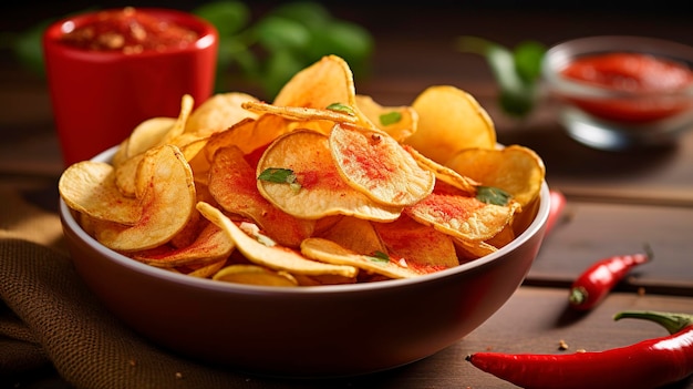 Um arranjo visualmente atraente de batatas fritas com sabor sriracha mostrando o picante e o sabor