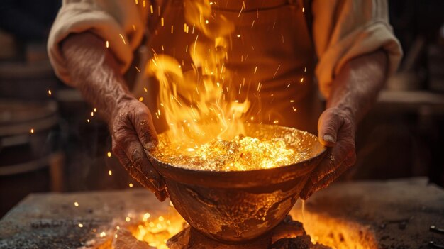 Um artesão a aquecer ouro num crisol os fogos brilham iluminando a cena