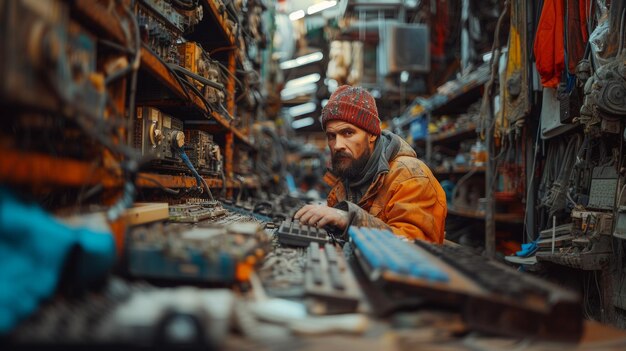 Foto um artesão concentrado reparando um teclado de computador numa oficina desordenada