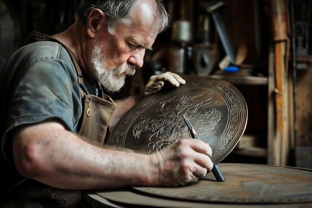 Um artesão gravando cuidadosamente desenhos em um escudo de metal em uma oficina