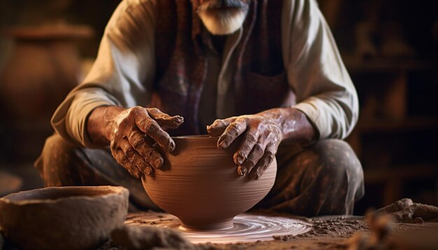 Um artesão habilmente criando cerâmica tradicional paquistanesa