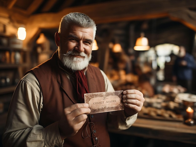 Um artesão medieval exibindo seu cartão de visita Crea com design criativo de sessão de fotos