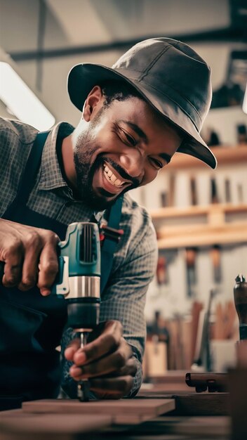 Foto um artesão sorridente com uma broca elétrica.