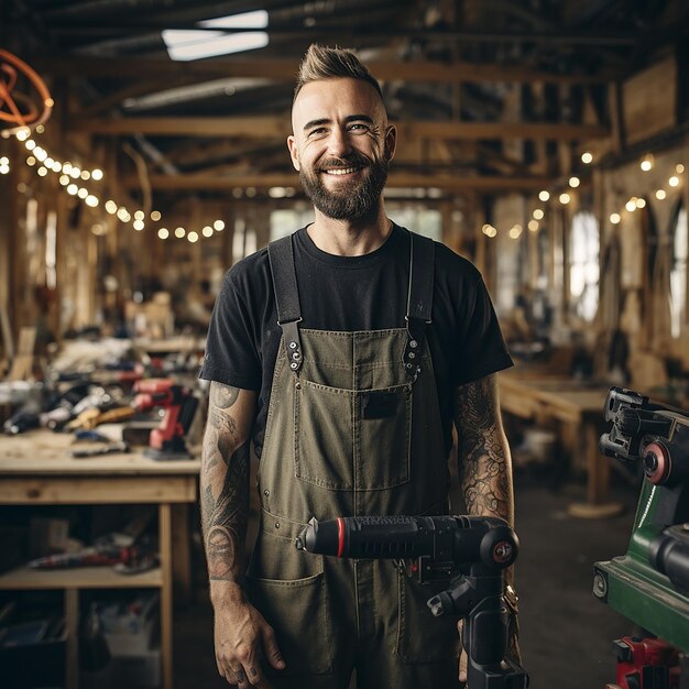 Um artesão sorridente e barbudo