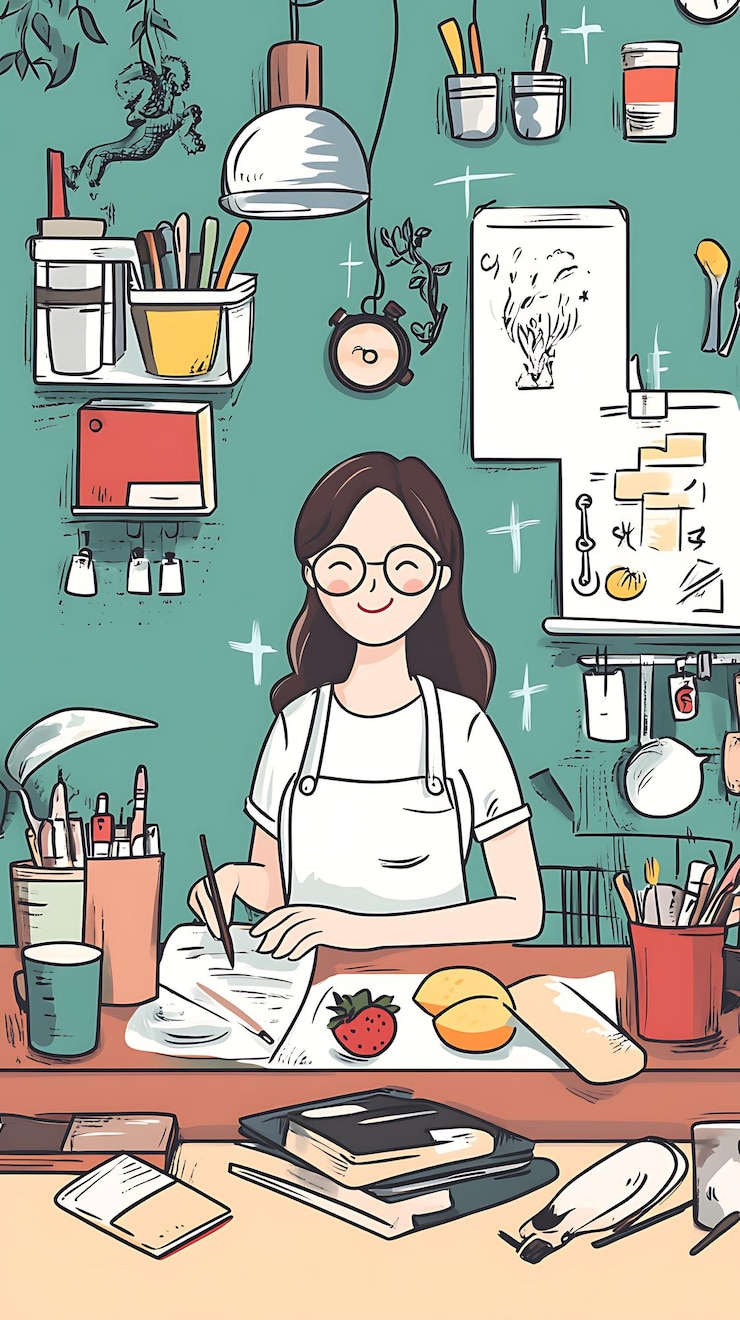 Foto um artista alegre trabalhando em uma mesa desordenada cheia de materiais de arte e esboços