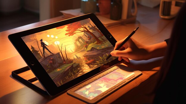 Foto um artista criativo esboça desenhos em um tablet digital