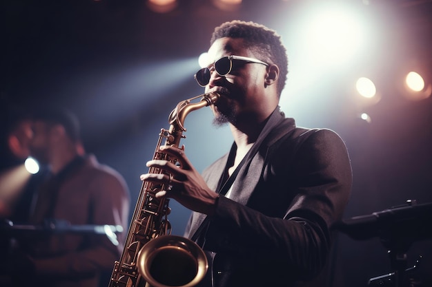 Foto um artista de jazz negro tocando saxofone no palco