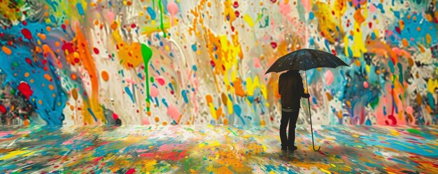 Um artista de pé em um mar de tinta salpicada usando um guarda-chuva para pegar a inspiração caindo como chuva