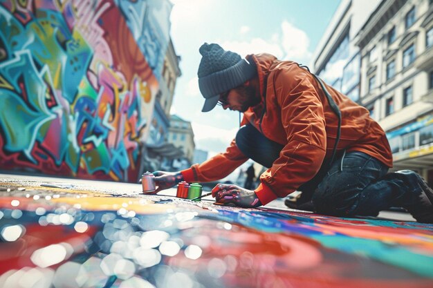 Foto um artista de rua a criar uma obra-prima com vibração