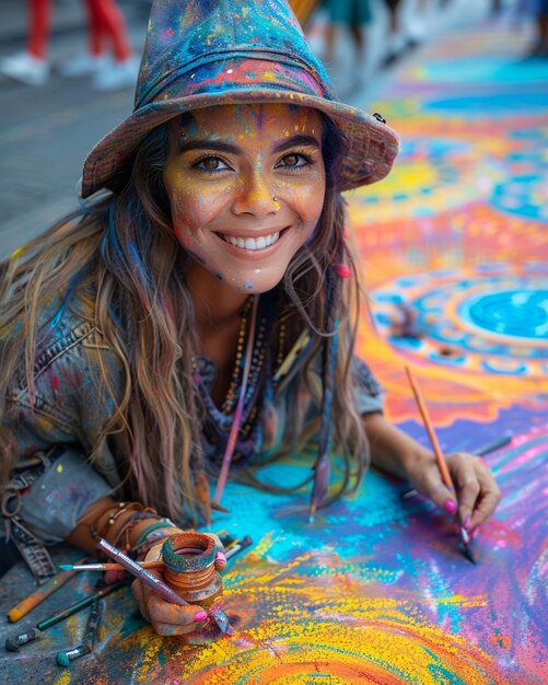 Foto um artista de rua pintando desenhos intrincados