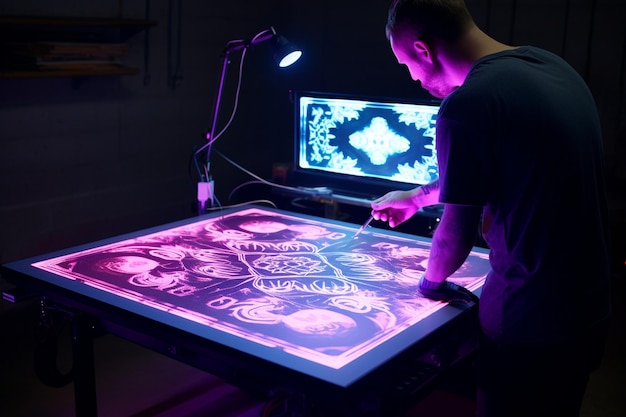 Um artista de serigrafia usando uma mesa de luz para ex 00260 01