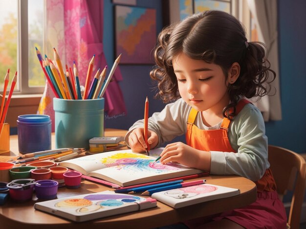 Um artista em ascensão com um caderno de desenhos e lápis criando obras-primas coloridas