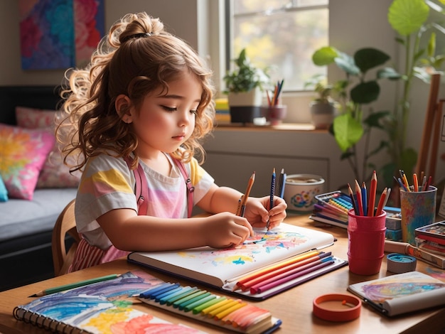 Um artista em ascensão com um caderno de desenhos e lápis criando obras-primas coloridas