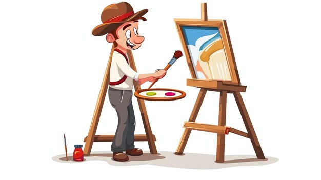 Foto um artista está pintando em uma tela ele está usando um chapéu e um pincel na mão ele está de pé na frente de um cavaleiro