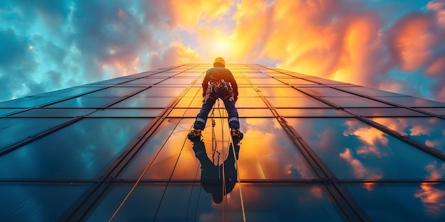 Foto um artista gráfico trabalha como alpinista limpando um edifício alto em cordas conceito profissões criativas esportes extremos highrise limpeza design gráfico aventura urbana