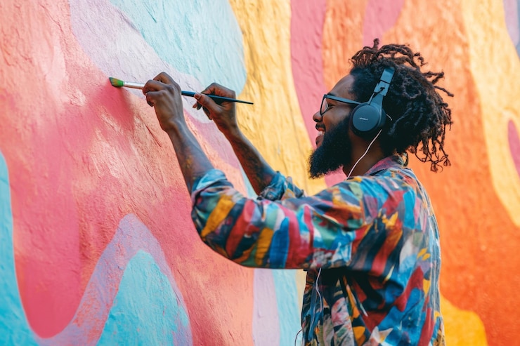Foto um artista hipster negro talentoso a pintar um mural vibrante.