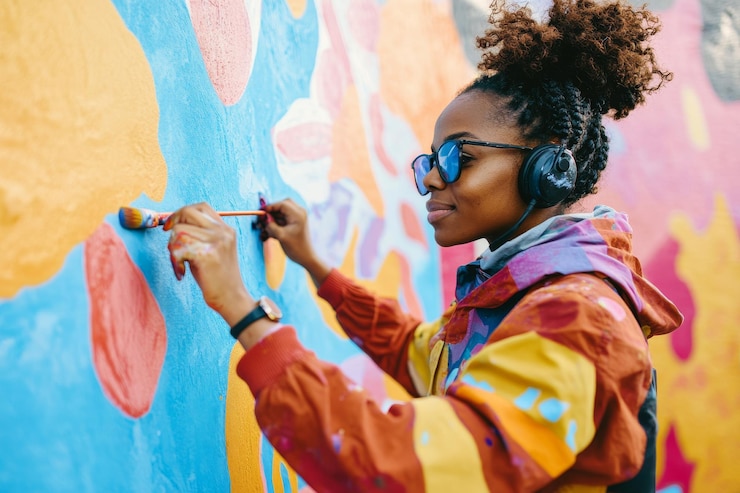 Foto um artista hipster negro talentoso a pintar um mural vibrante.
