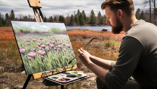 um artista pintando uma paisagem de primavera ao ar livre