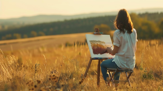 Um artista senta-se num campo de grama alta a pintar uma imagem do pôr-do-sol. O sol está a pôr-se atrás de uma colina e o céu está a arder de cores.