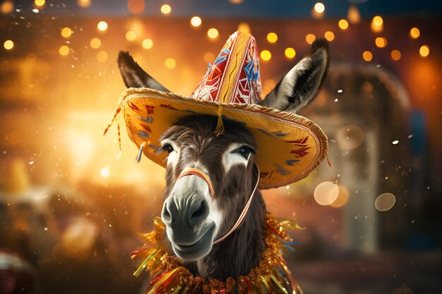 Foto um asno adornado com um sombrero tradicional mexicano na celebração do cinco de mayo