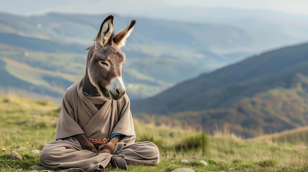 Um asno vestindo uma túnica marrom está sentado em um campo de grama o asno tem os olhos fechados e está em estado de meditação