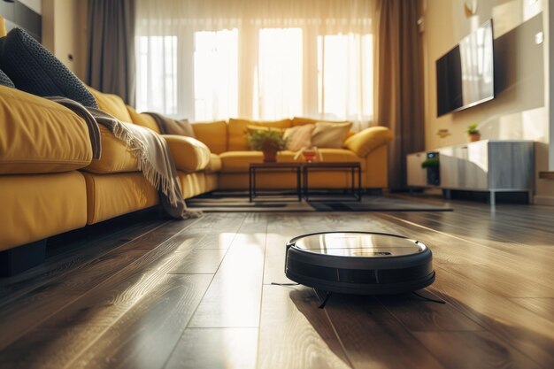 Um aspirador robô navega pelo chão limpo da sala de estar