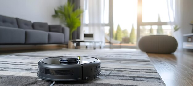 Um aspirador robô roomba limpa o chão na frente de um sofá