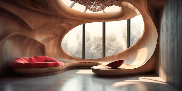Um assento curvo de madeira em uma sala moderna vazia