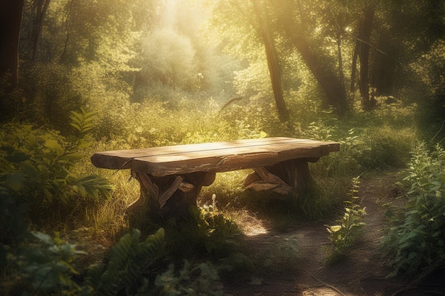 Foto um assento de parque feito de madeira colocado no meio de uma floresta