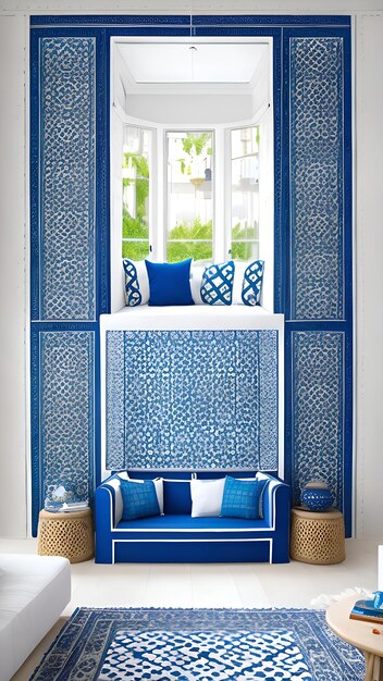 Um assento na janela azul com uma janela azul e branca