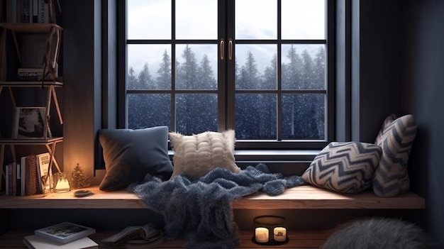 Um assento na janela com travesseiros e um cobertor sobre ele Imagem generativa AI Estilo Dark Academy