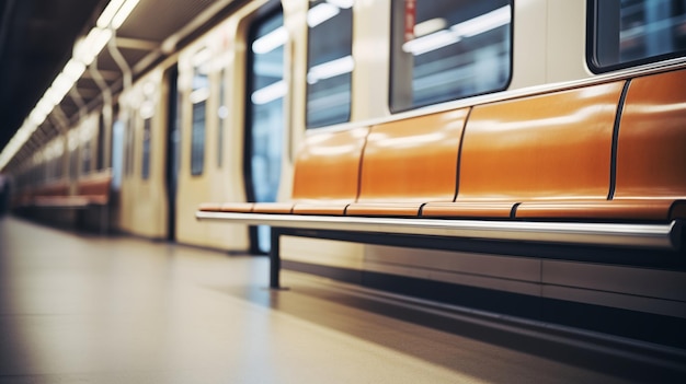 Um assento vazio no metrô com vista para a plataforma borrada.