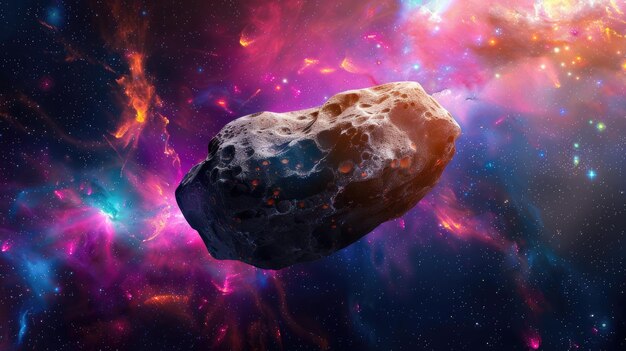 Foto um asteroide maciço desloca-se no meio das nebulosas, criando uma visão impressionante na vastidão.