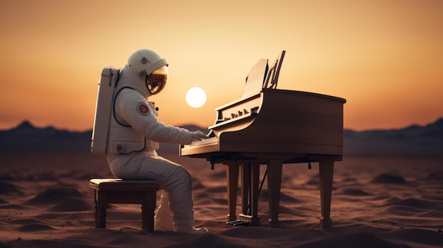 Um astronauta a tocar piano no meio.