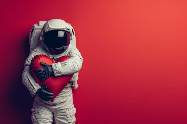 Um astronauta abraçando um grande coração de amor vermelho e macio