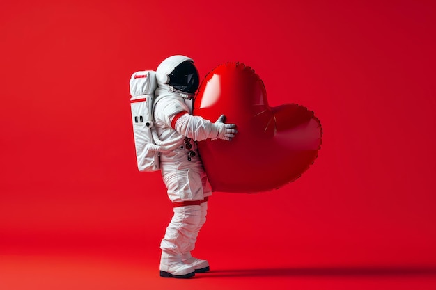 Um astronauta abraçando um grande coração de amor vermelho e macio