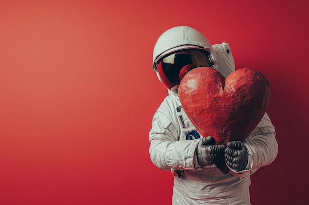 Um astronauta abraçando um grande e macio coração vermelho de amor dos namorados