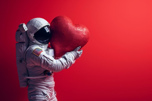 Um astronauta abraçando um grande e macio coração vermelho de amor dos namorados