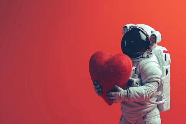 Um astronauta abraçando um grande e macio coração vermelho de amor dos namorados