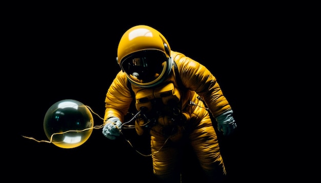 Foto um astronauta amarelo com um capacete e um capacete que diz '51' nele